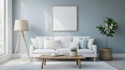 Elegant coastalchic living room with soft blues, white furniture, and rattan accents