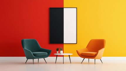 Colorblocked contemporary living room with bold hues, abstract art, and sleek modern furniture