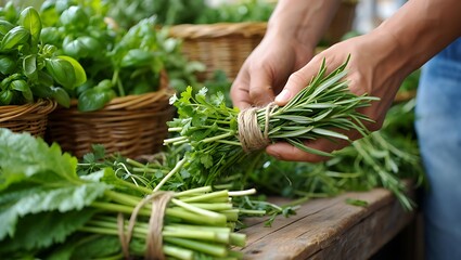 hands holding fresh herbs