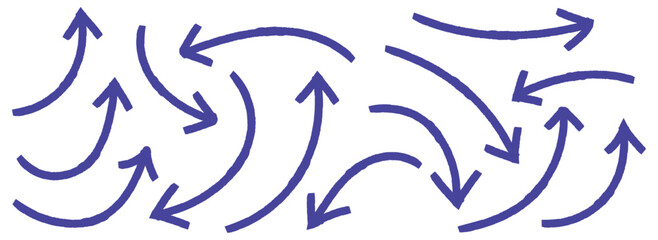 Blue doodle set on white background. Hand drawn set of doodle arrow icons. doodle marker thick arrows in different directions. Blue hand drawn brush arrow set. Grunge curved arrows set. Hand drawn 