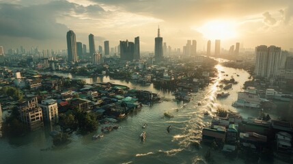 Fototapeta premium Flooded urban landscape in a city at sunset aerial view of waterlogged streets and skyscrapers