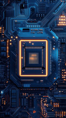 Fototapeta premium Blue and orange neon-lit processor chip design perfect for modern tech lovers.