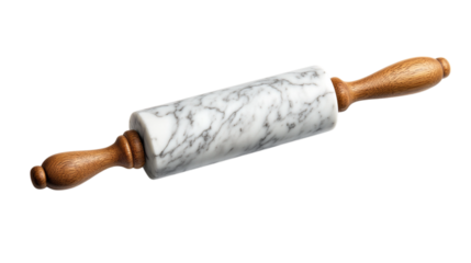 A marble rolling pin with wooden handles, isolated on white background --ar 16:9