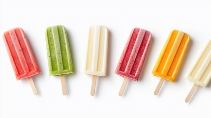 A vibrant row of colorful fruit popsicles on a clean white background perfect for summer advertising or food blog showcasing refreshing frozen treats.