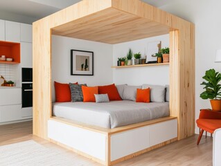 Compact urban apartment living room with smart furniture solutions and multifunctional decor