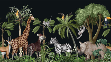 Mural with jungle animals and trees, realistic, cute landscape. Vector. © Yumeee