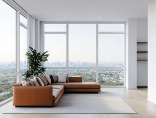 Fototapeta premium Luxury penthouse living room with floortoceiling windows, premium leather sofas, and breathtaking city views