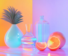 Colorful still life with glass bottles, citrus fruit, and a modern houseplant against a vibrant pink-orange background. Aesthetic composition with neon-inspired lighting, perfect for design themes and