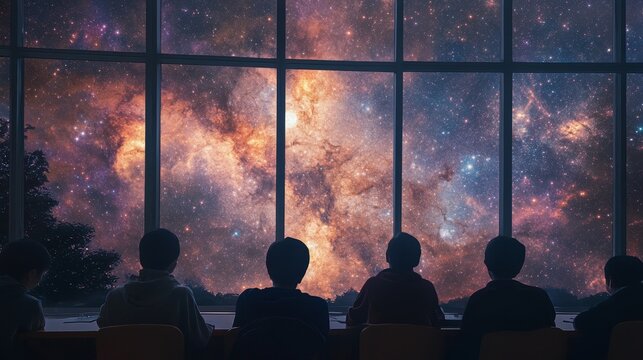 Silhouetted people look out a window at a galaxy or