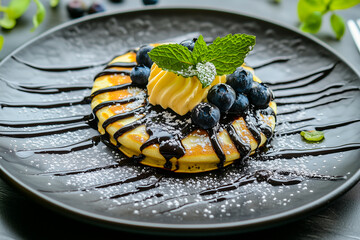 Pancakes with blueberries, chocolate sauce and mint 