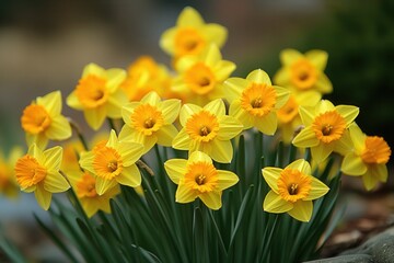 Radiant daffodils in full bloom capturing the essence of spring with vibrant yellow petals and orange centers in a garden setting