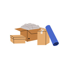 Cardboard boxes, interior things. Moving home service. Carton package with plant, bicycle and books. House relocation. Package heap and pile. Storage shipping cartoon flat isolated vector composition