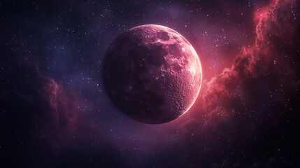 Macro shot of a lunar eclipse, the moon bathed in a deep crimson hue against the starry night sky.