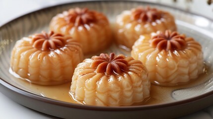 Algerian tamina semolina dessert butter and honey molded and decorated plated on white background