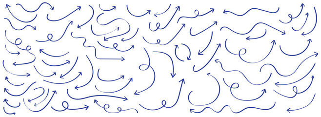 Blue doodle set on white background. Arrows with grunge lines. Hand drawn set of doodle arrow icons. Collection doodle marker thick arrows in different directions. Blue hand drawn brush arrow set.