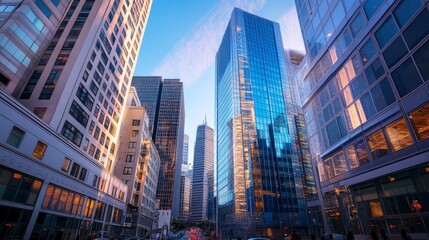 A photography of futuristic cityscape during the day with tall, sleek skyscrapers representing modern technology companies