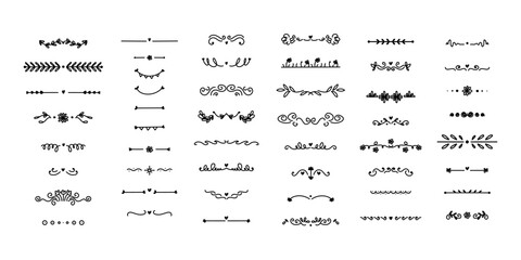Borders set. Floral dividers, doodle style isolated decorative elements. Wedding cards, posters and banners design. Flowers leaves and ornament. Calligraphic underline. Curve separator, vector set