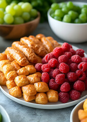 Assortment of Golden Dough with Raspberries and Grapes on a White Plate Displayed on a Table for Catering in Bright and Airy Setting