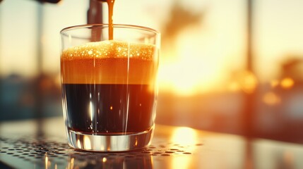 Espresso being poured into a glass at sunset. The warm light creates a beautiful contrast with the dark coffee.