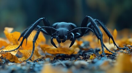 Majestic Black Ant Close-up in Autumnal Setting