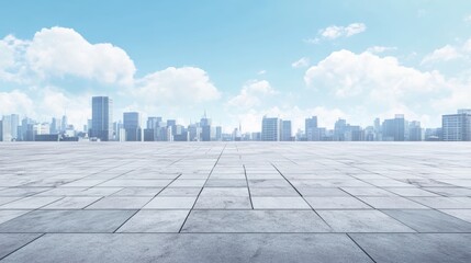 Fototapeta premium Empty marble floor with a city skyline background