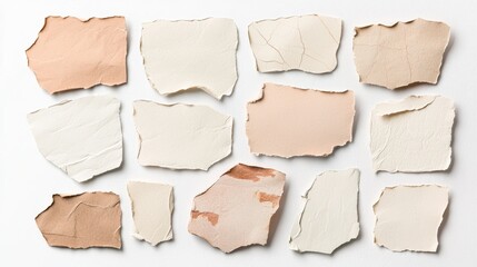 Torn Beige Cream Brown Paper Pieces on White Background