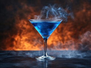 Captivating blue cocktail in elegant glass with rising vapor against a fiery orange backdrop creating a dramatic and mystical atmosphere