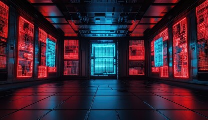 Futuristic server room bathed in vibrant neon light.  Panels displaying data streams create a high-tech atmosphere