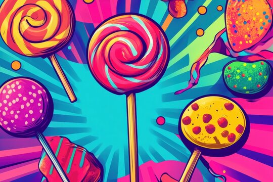 Dynamic pop-art display of oversized lollipops and colorful candy shapes with bold comic outlines in a vibrant background