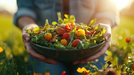 A woman's hands gently hold a vibrant bowl of fresh salad greens and colorful cherry tomatoes outdoors in a sunny garden setting.