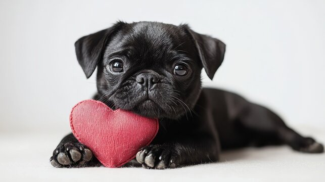 An adorable black pug puppy gently holds a plush red heart against its chest showcasing unconditional love and pet companionship perfectly.