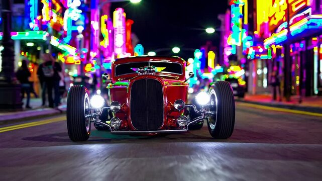 Vintage red hot rod gliding through nighttime downtown street, illuminated by vibrant neon lights, showcasing urban automotive style and energy