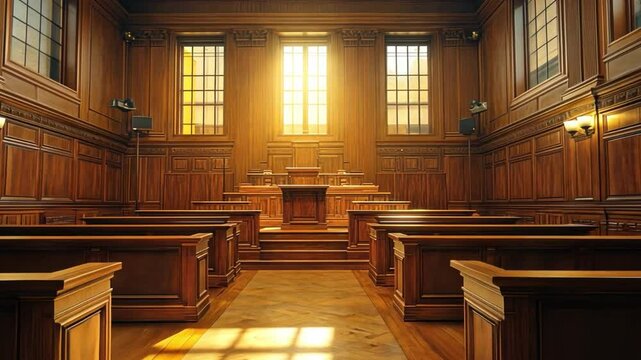 Sunlit Justice: Interior shot of a courtroom bathed in natural light, highlighting the intricate wooden paneling and the solemn ambiance of a place where decisions are made.