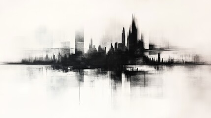 Naklejka premium Abstract cityscape in black and white, showcasing a moody, urban skyline reflected in still water.