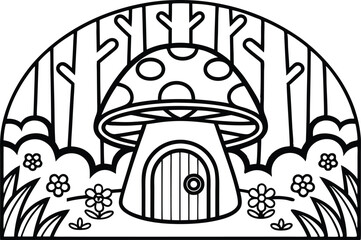 Mushroom House Outline with Trees and Flowers in Minimalist Transparent Style