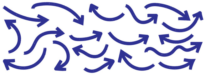 Blue doodle set on white background. Hand drawn set of doodle arrow icons. doodle marker thick arrows in different directions. Blue hand drawn brush arrow set. Grunge curved arrows set. Hand drawn 