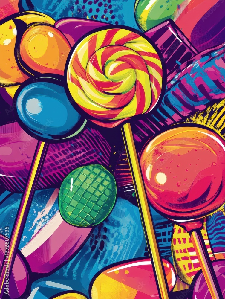 Fototapete vibrant pop-art background with oversized colorful lollipops and dynamic candy shapes creating a pla