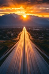 Fototapeta premium Majestic sunset over a sprawling highway, bathed in warm golden light. The scene is serene and inspiring, capturing the beauty of nature and human infrastructure.