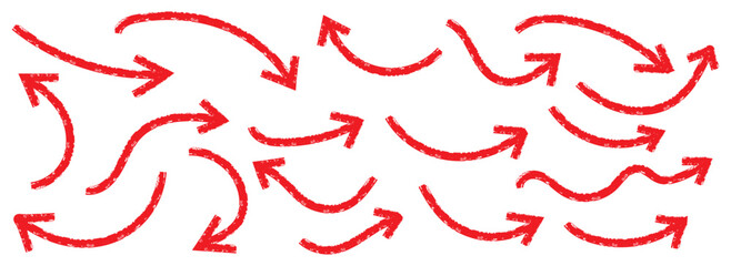 Red Hand drawn vector arrows doodle set on white background. Arrows with grunge lines. Hand drawn set of doodle arrow icons. Collection doodle marker thick arrows in different directions. Curved 