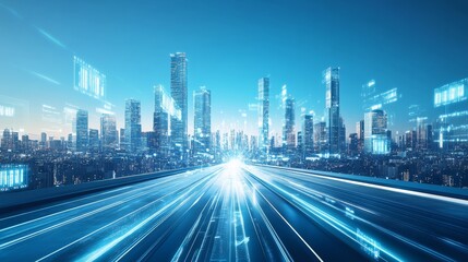 Fototapeta premium A futuristic cityscape with towering skyscrapers and sleek, chrome buildings against the blue sky