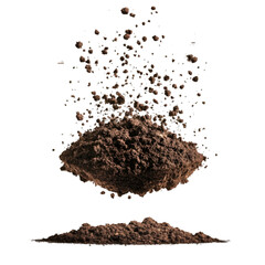 Dark soil explodes upward a pile below a black background,
