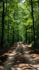 Obraz premium A sunlit path cutting through a dense green forest tall trees lining the route shadows creating a striped pattern on