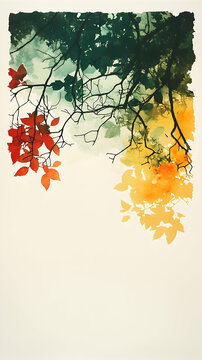 Branches painted in autumnal hues with red green and yellow foliage against a light background Artsy watercolor styl