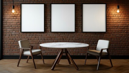 Empty frames, table, chairs in brick room, mockup