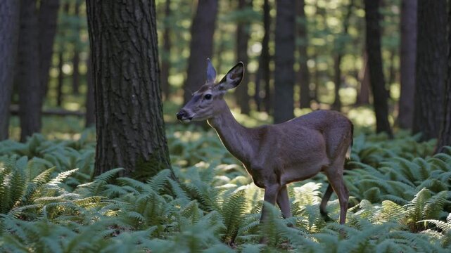Young deer walking cautiously through lush fern covered woodland, observing verdant forest environment with alert movements amid tranquil green surroundings