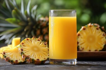 Refreshing pineapple juice in glass with sliced fruit on rustic wooden table against blurred green foliage backdrop for summer beverage concept