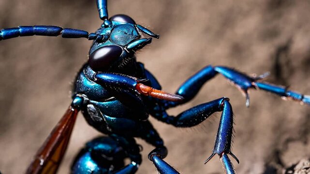 Metallic blue tarantula hawk wasp showcasing vibrant iridescent exoskeleton with distinctive orange antennae, revealing intricate macro details of desert predator