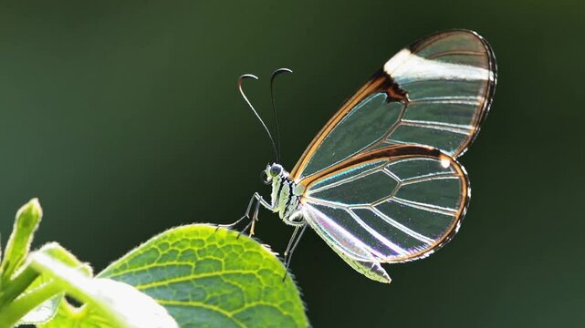 Beautiful glasswing butterfly with transparent wings resting on a vibrant green leaf in nature