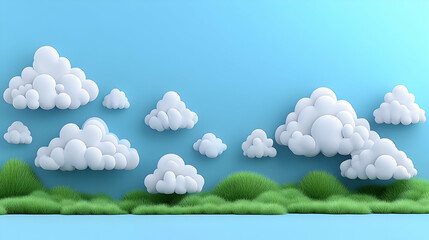 Cartoon landscape with puffy white clouds float in a light blue sky over green grass covered hills playful and serene d