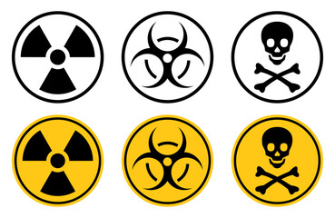 Radiation sign, biohazard sign and toxic sign set. Set of hazard danger yellow and black vector signs symbol. Danger, warning icon set. Silhouette and outline style. Vector illustration.